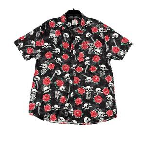W.E.I. Rose N Bones Tilly's Mens Black Button‎ Up Shirt Skeleton Skulls Size XL